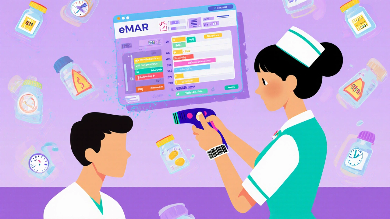 A nurse scans a patient’s wristband as animated medication timelines and expiration alerts float in a retro-futuristic eMAR interface.
