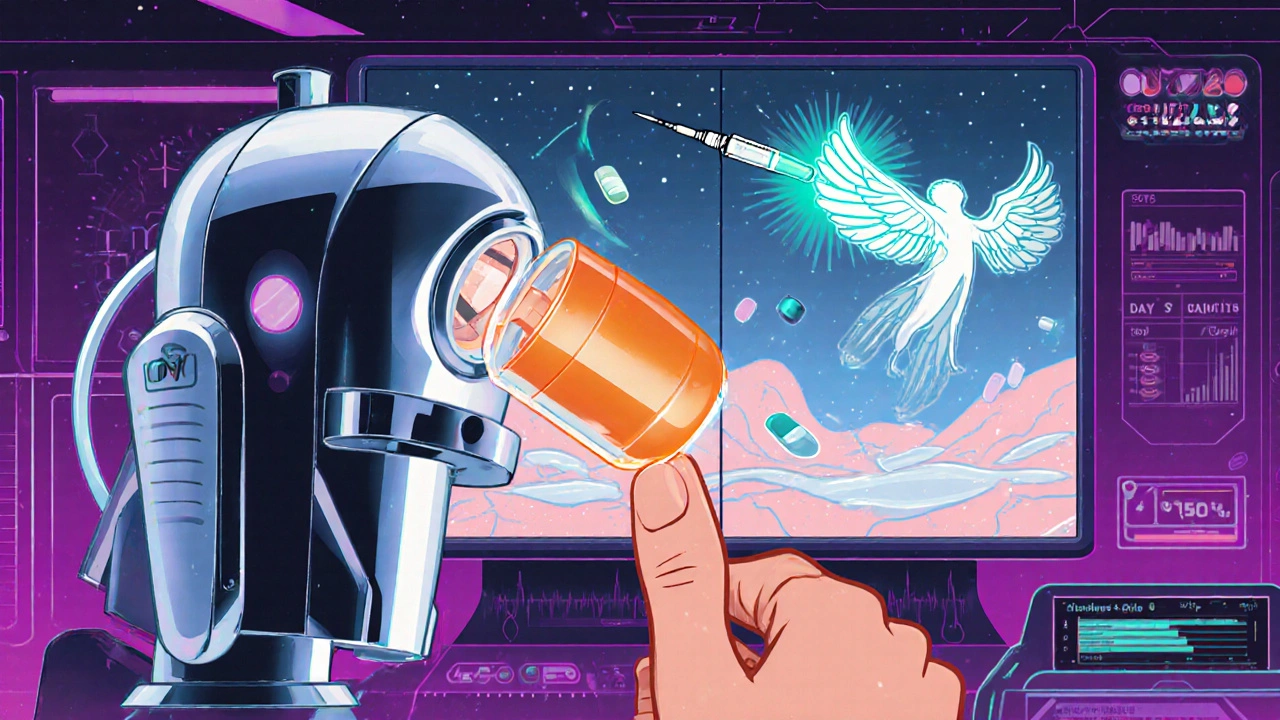 A patient taking a glowing oral pill as biologic injections transform into floating capsules in a retro-futuristic clinic.