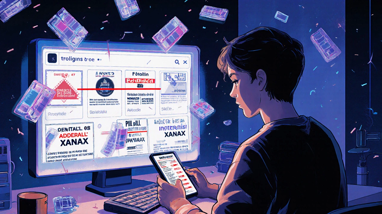 A person scrolls through fake pill ads while a fentanyl test strip hovers nearby.