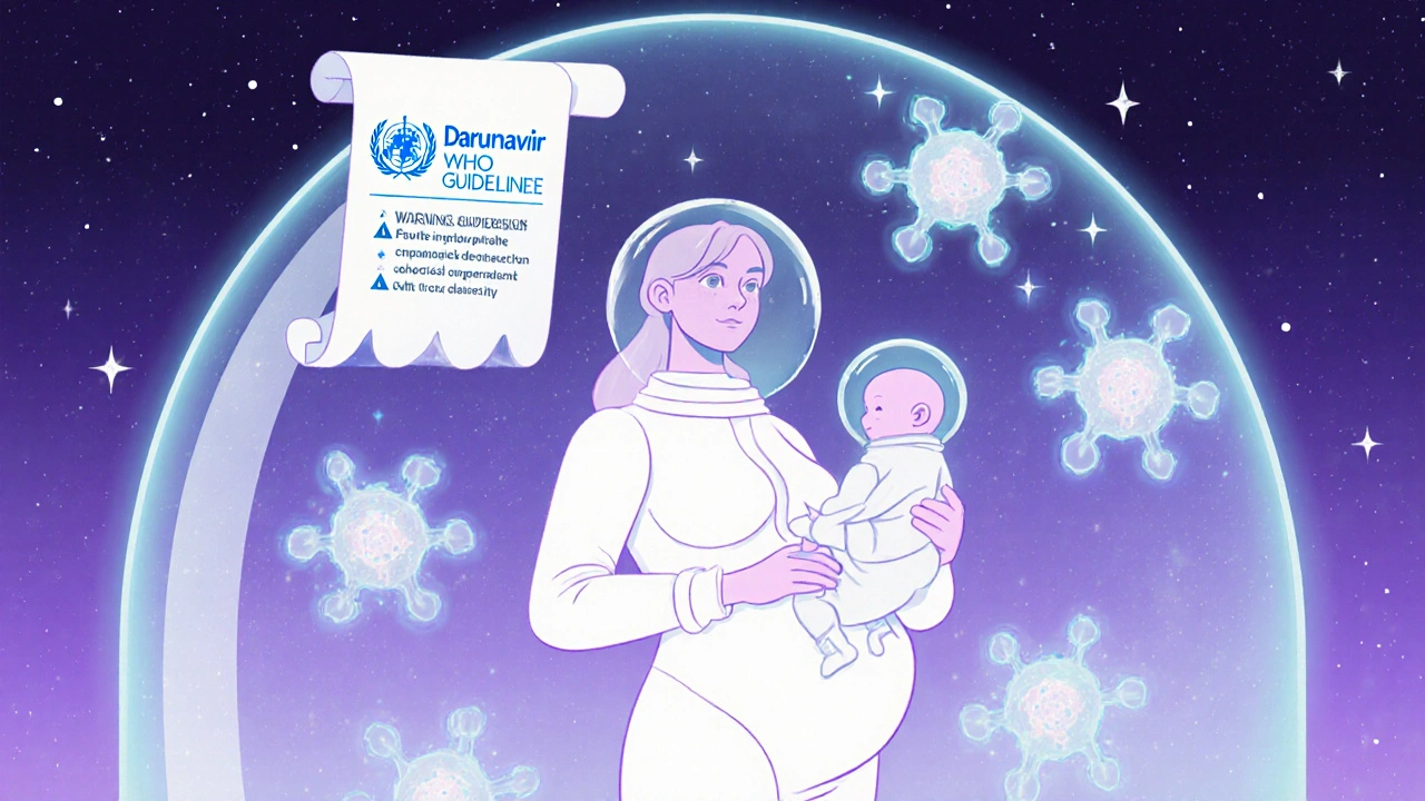 A pregnant woman protected by darunavir’s molecular dome, with medical guidelines floating above her.