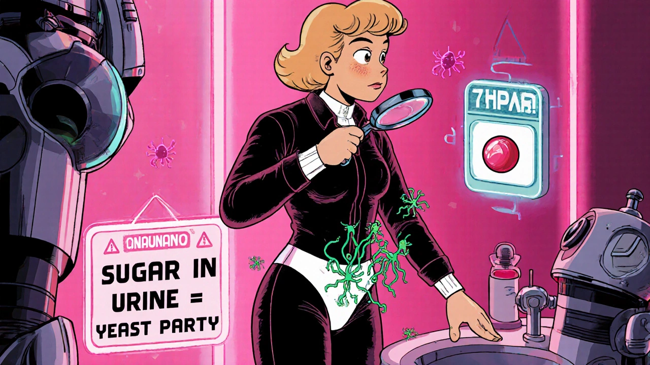A woman in a space-age suit examining glowing yeast spores in her underwear under neon bathroom lights.