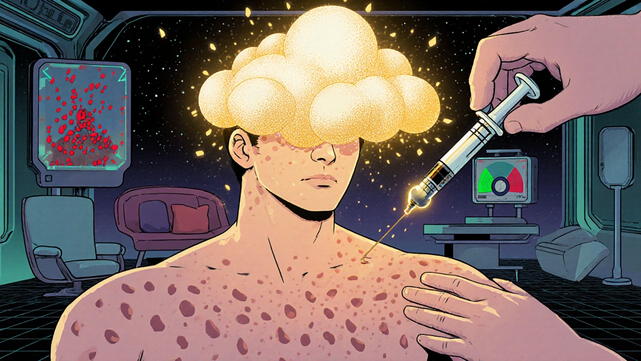 A young person with small red spots being treated by a retro-futuristic syringe as bacteria dissolve into light.