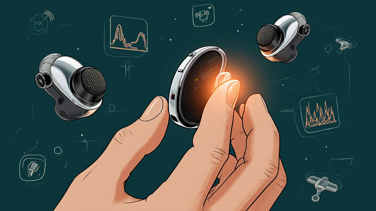 An audiologist adjusts a high-tech hearing aid receiver with floating holographic sound wave icons around it.