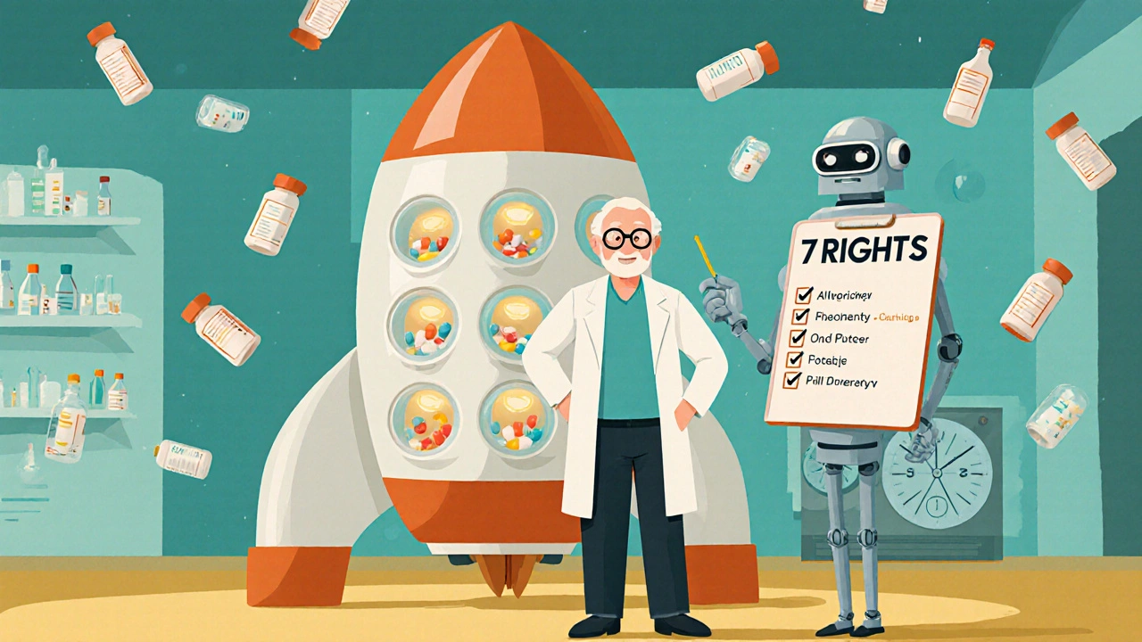An elderly person beside a rocket-shaped pill organizer with glowing compartments and a robot pharmacist pointing to safety checklist.