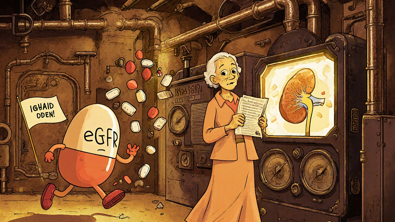 An elderly woman with transforming pills, walking past a kidney running away from ibuprofen.