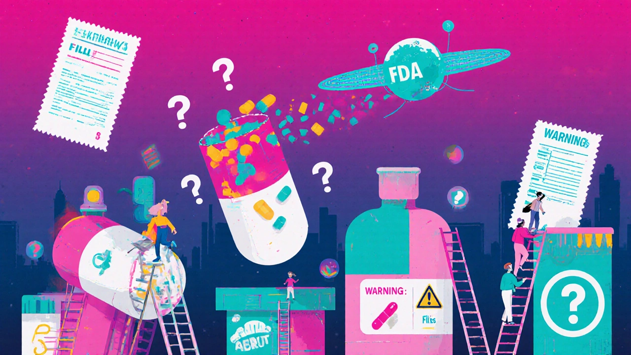 Cityscape of pill bottles leaking ingredients into question marks, patients climbing toward FDA satellite.