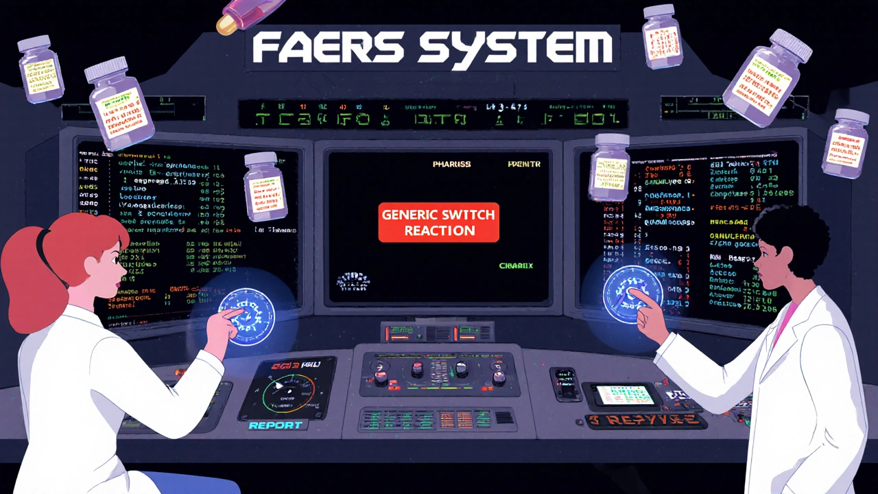 Control room dashboard showing FAERS system with patient and pharmacist pressing report buttons.