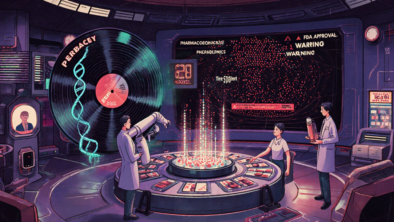 Control room with pharmacists spinning records labeled rebates and genetics, managing drug tiers and shortages.