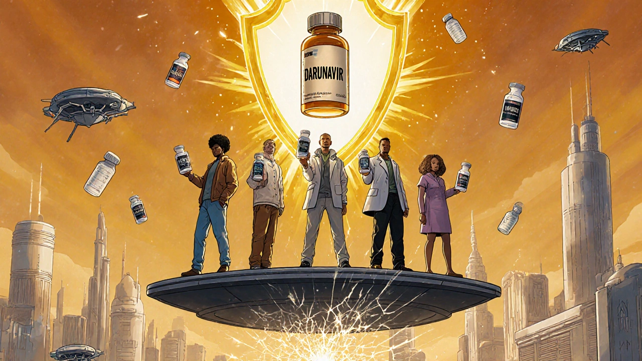 Diverse patients on a floating platform, darunavir’s protective shield rising above them as other drugs fall away.