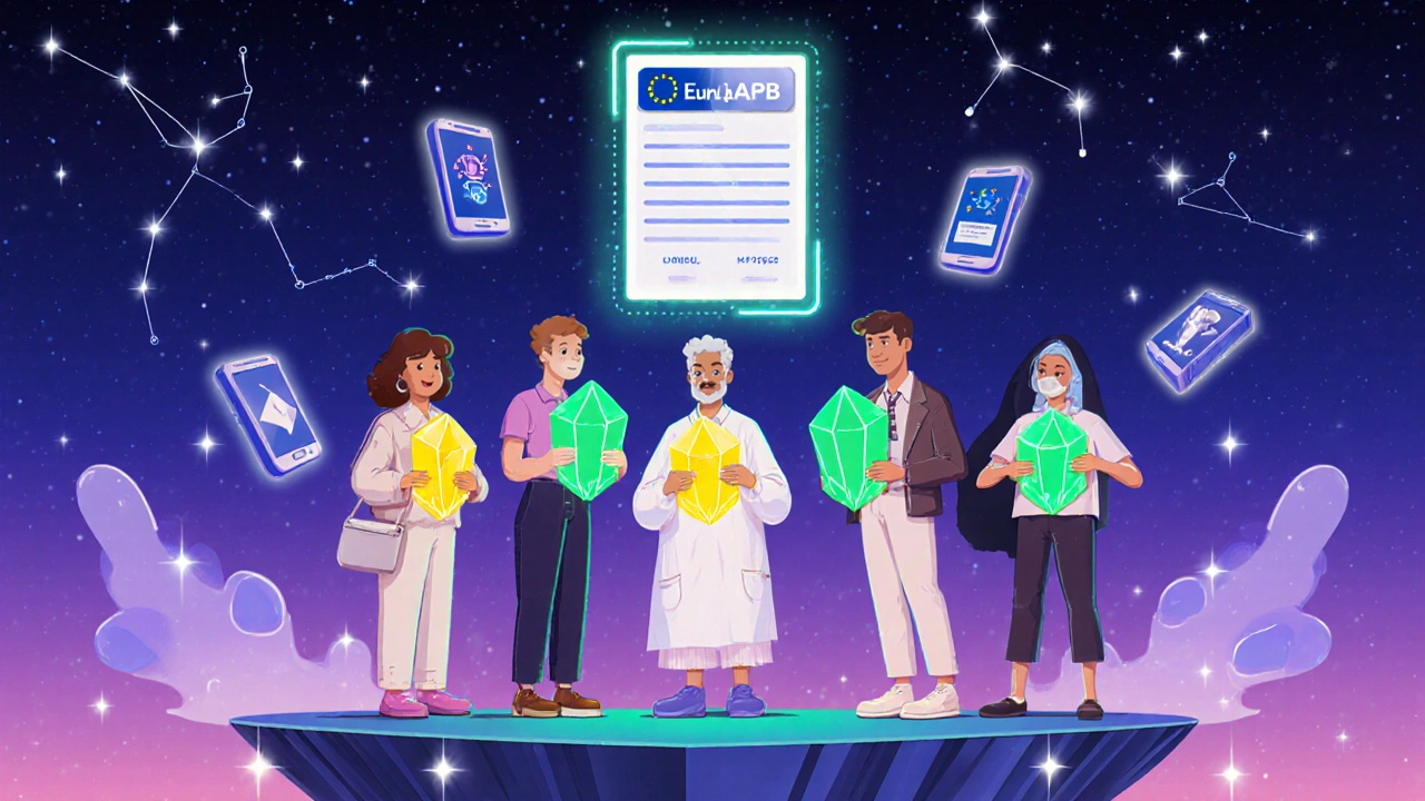 Diverse patients on a floating platform with glowing DAS28 crystals, surrounded by holographic medical guides and digital apps.