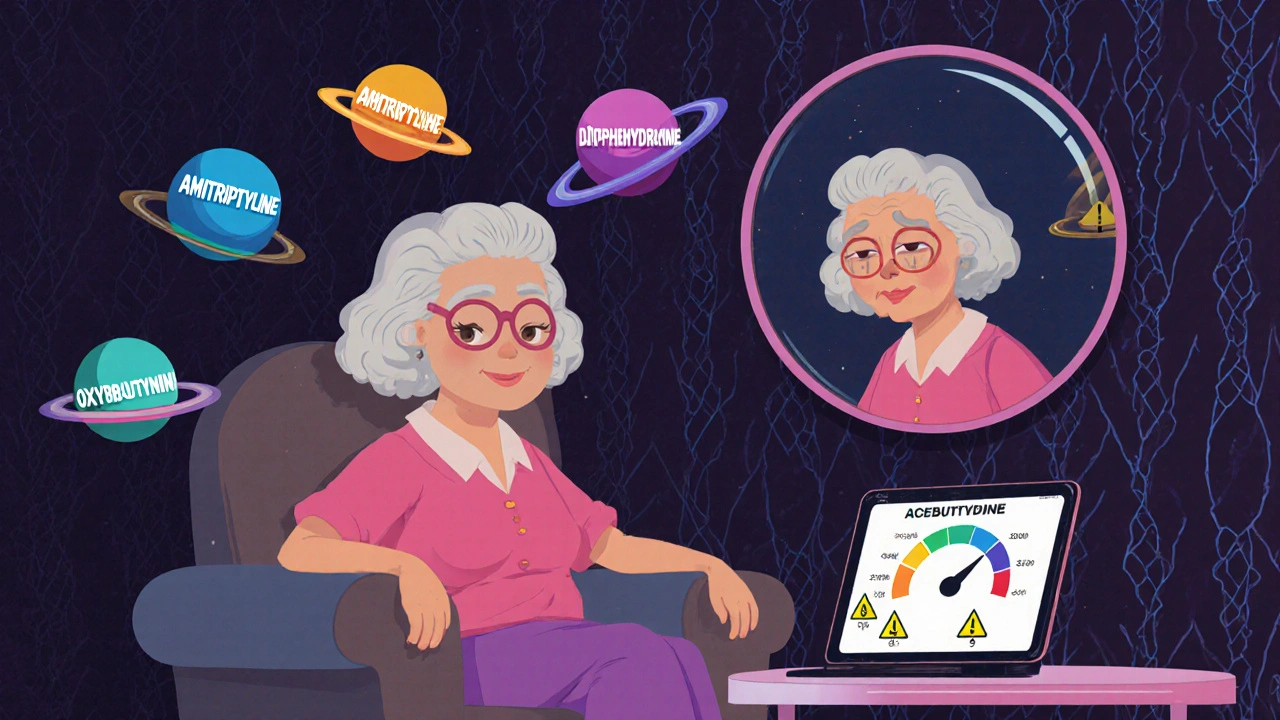 Elderly woman surrounded by orbiting pills distorting her reflection, with a rising ACB scale glowing in the background.