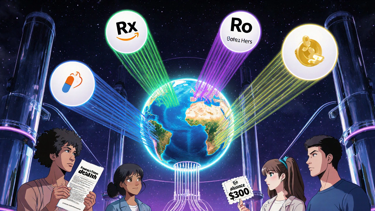 Four health platforms orbit Earth with colored streams of savings and care