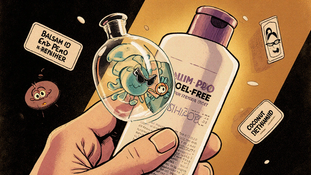 Hand holding shampoo as a cartoon immune cell blocks a nickel ion, with villainous product labels.