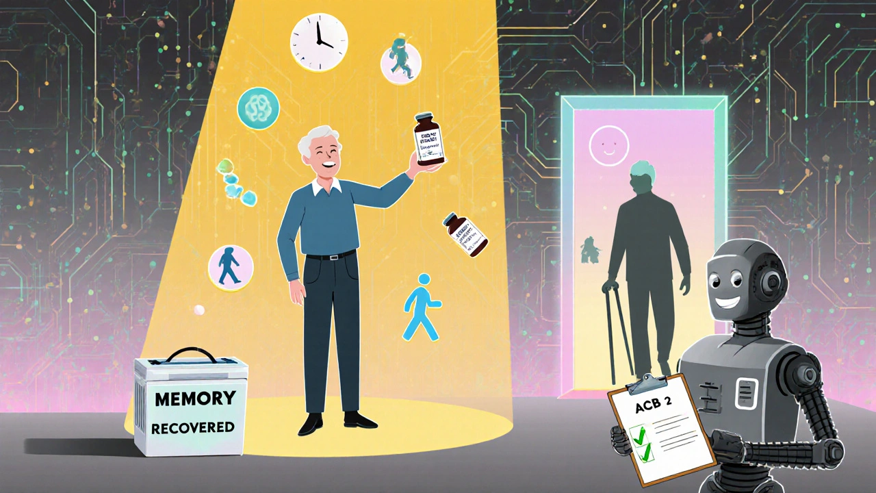 Man tossing dangerous pills into a shredder as a clearer version of himself walks toward recovery under golden light.