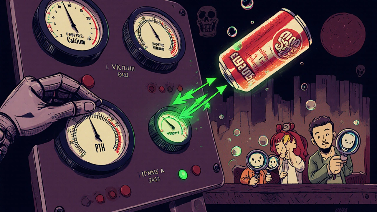 Medical control panel with dangerous needle readings, a robot adjusting sclerostin, and a family reading food labels for phosphate additives.