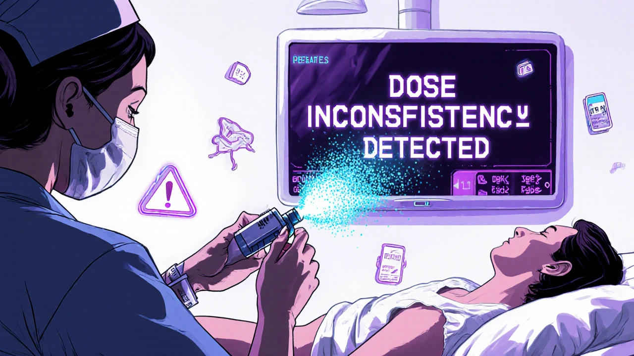 Nurse using a generic epinephrine injector in an ICU, with a glowing warning about inconsistent dosage.