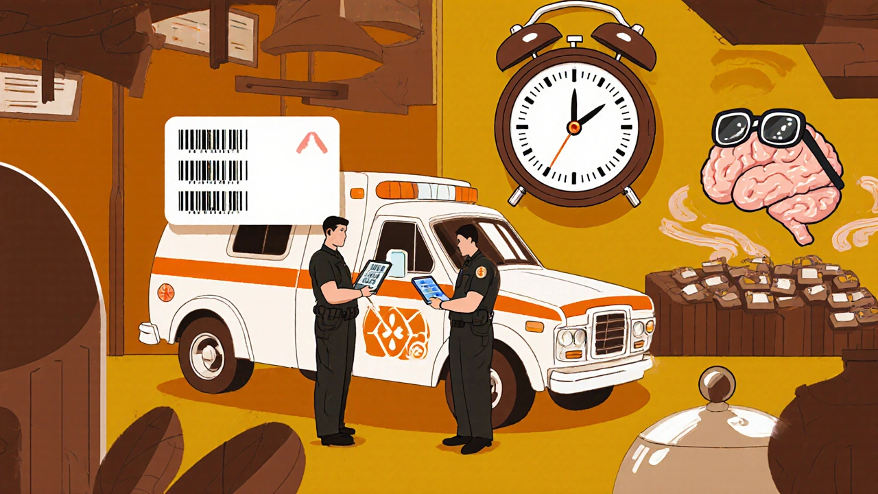 Paramedics use chunky tablets to scan pills in an ambulance bay, with retro-style digital alerts and a predictive AI brain overhead.