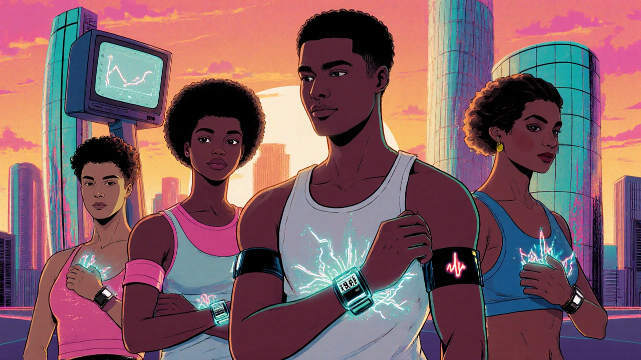 People in retro athletic wear emit neon biometric data streams, with one showing a hand tremor detected by a fitness tracker.