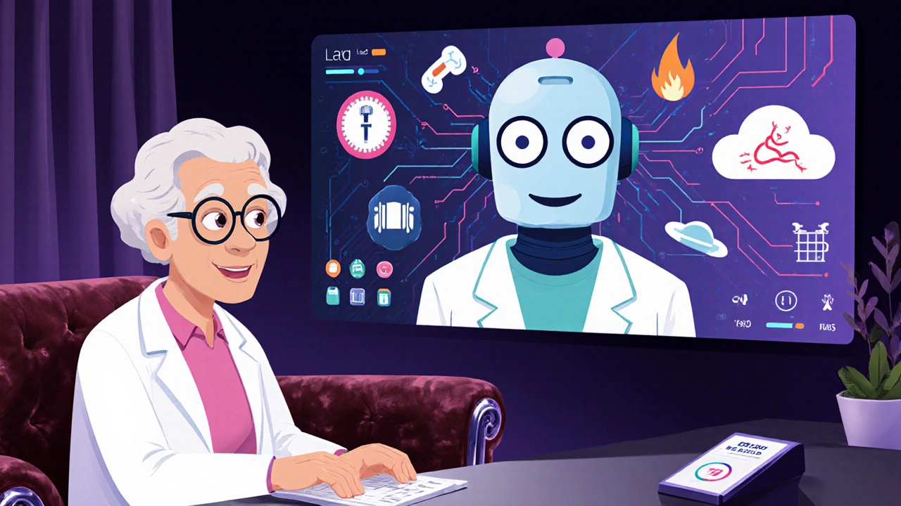 Senior on video call with a robot pharmacist, surrounded by floating health icons in a 1970s sci-fi interior.