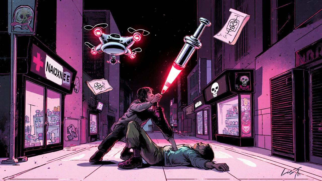 Someone administers naloxone to an overdosed person as drones and test strips float above.