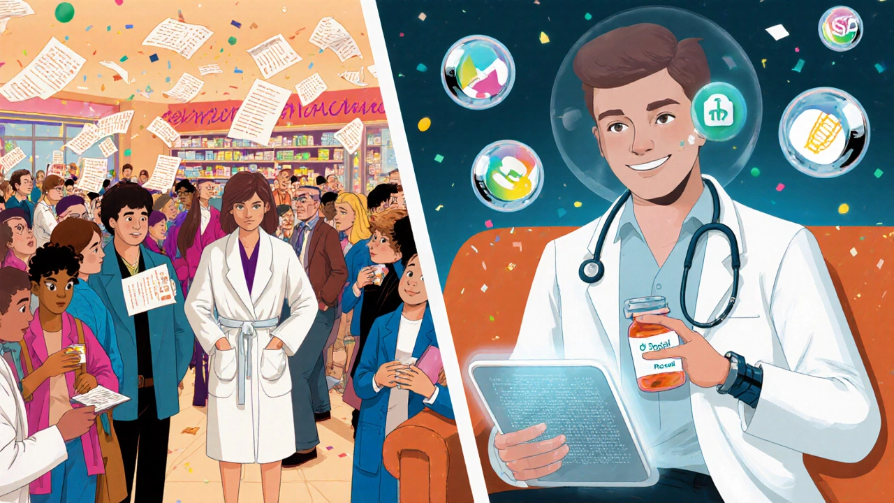 Split scene: chaotic pharmacy vs. calm app-based prescription with digital doctor