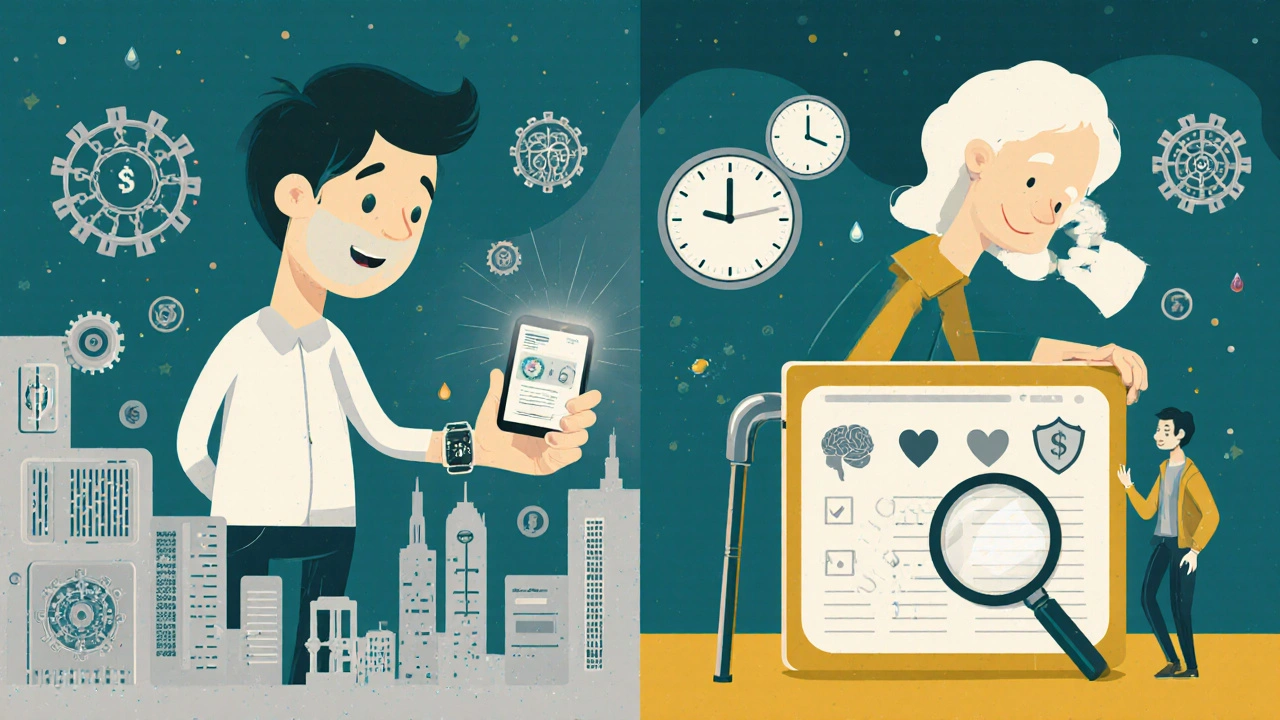 Split scene: high-risk patient with quarterly test hologram and low-risk senior with yearly sticker, guided by a compassionate AI.