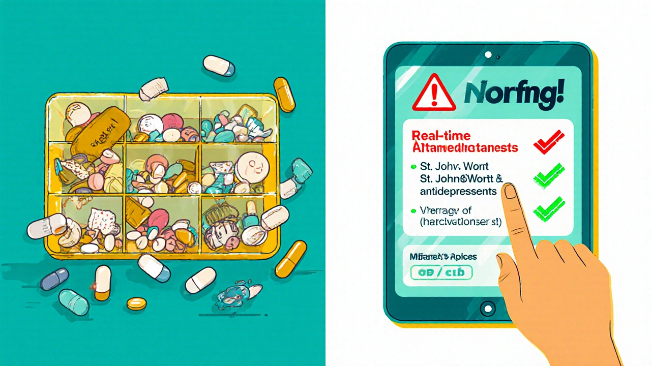 Split-screen showing expired pills on one side and digital medication alerts on the other in retro-futuristic style.