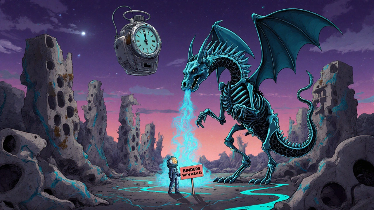 Surreal bone cityscape with crumbling towers, a FGF23 dragon hardening veins, and a patient reminding others to take binders.