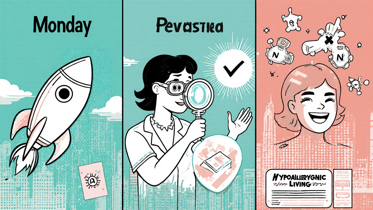 Three-panel cartoon timeline of patch testing from application to recovery with defeated allergens.