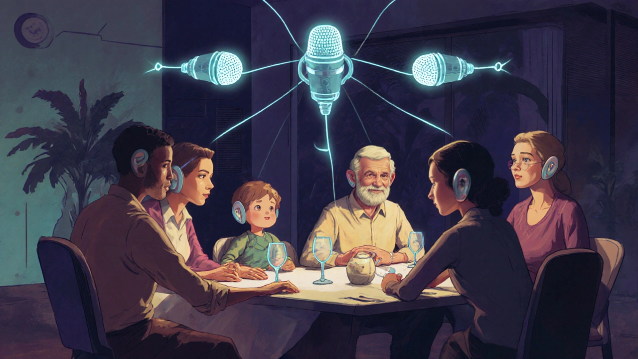 Three smart microphones hover above a dinner table, focusing on different speakers with glowing wireless connections.