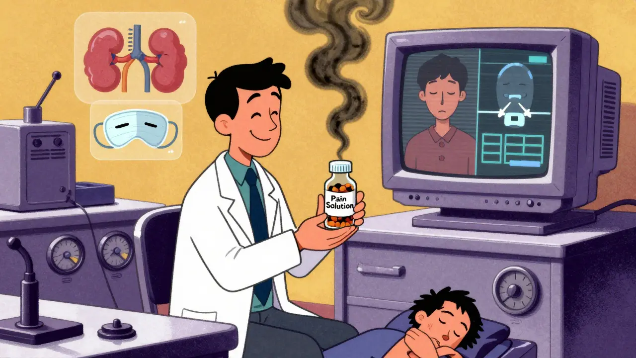 1980s-style doctor’s office where a pill bottle releases black smoke, with a CRT screen showing a flatlining patient.