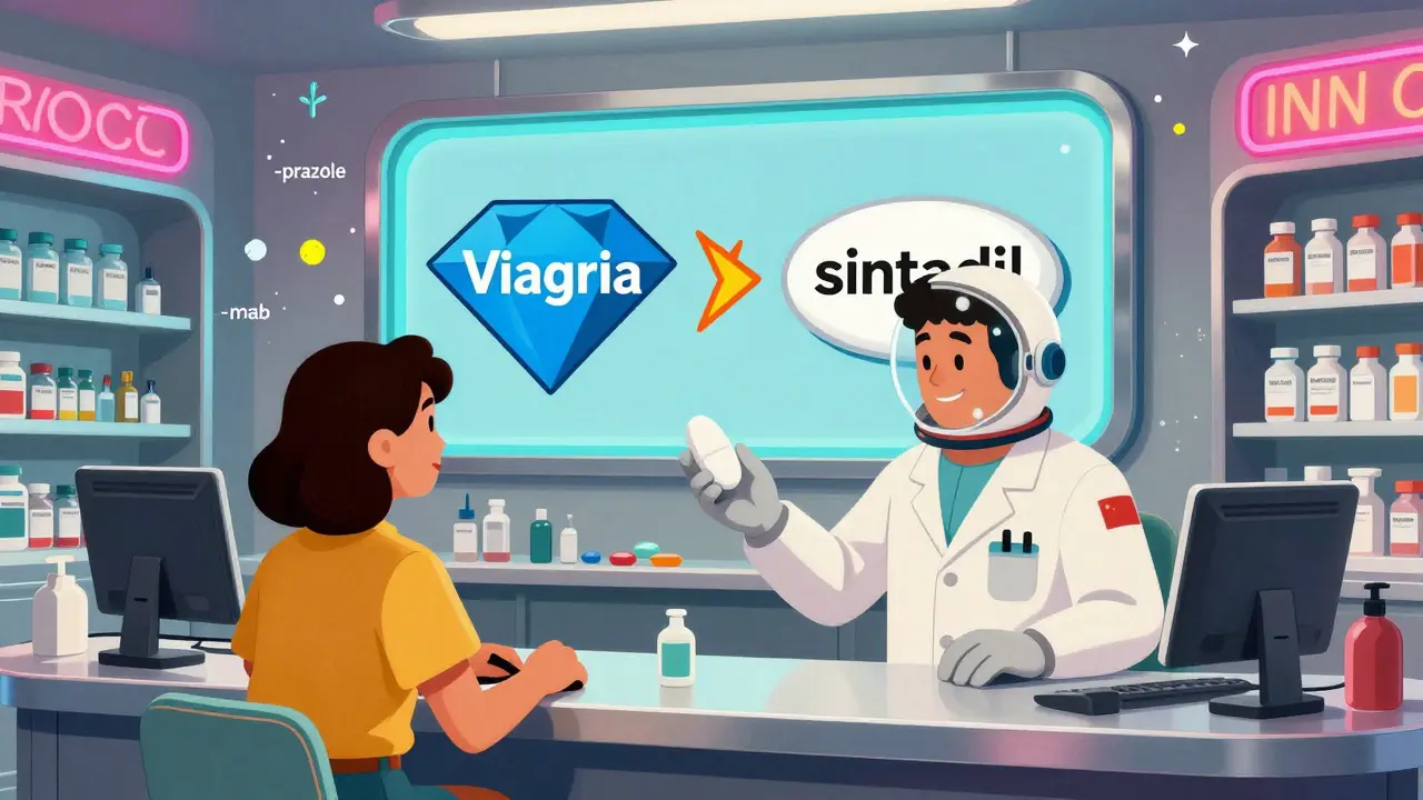 A 1970s-style pharmacy with a pharmacist giving a generic pill, while branded and generic drug visuals float on a neon wall display.