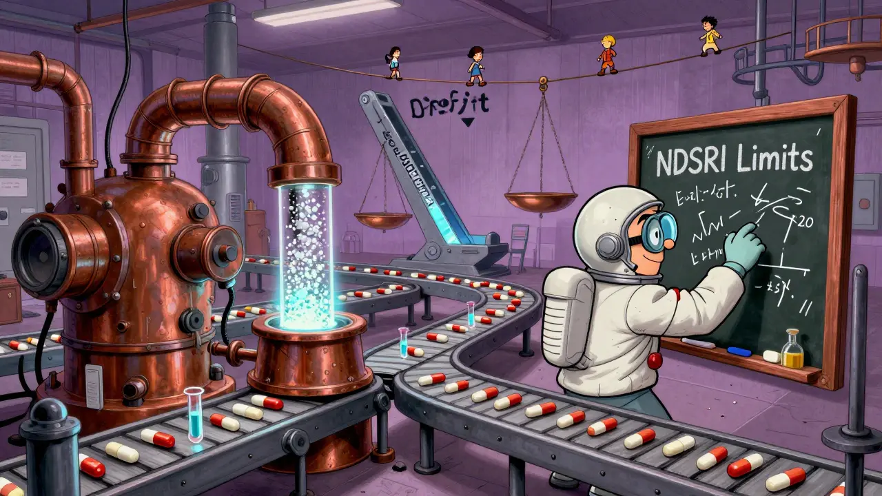 A chaotic retro-futuristic drug factory with chemists and glowing nitrosamine crystals, balancing profit against safety on a tipping scale.