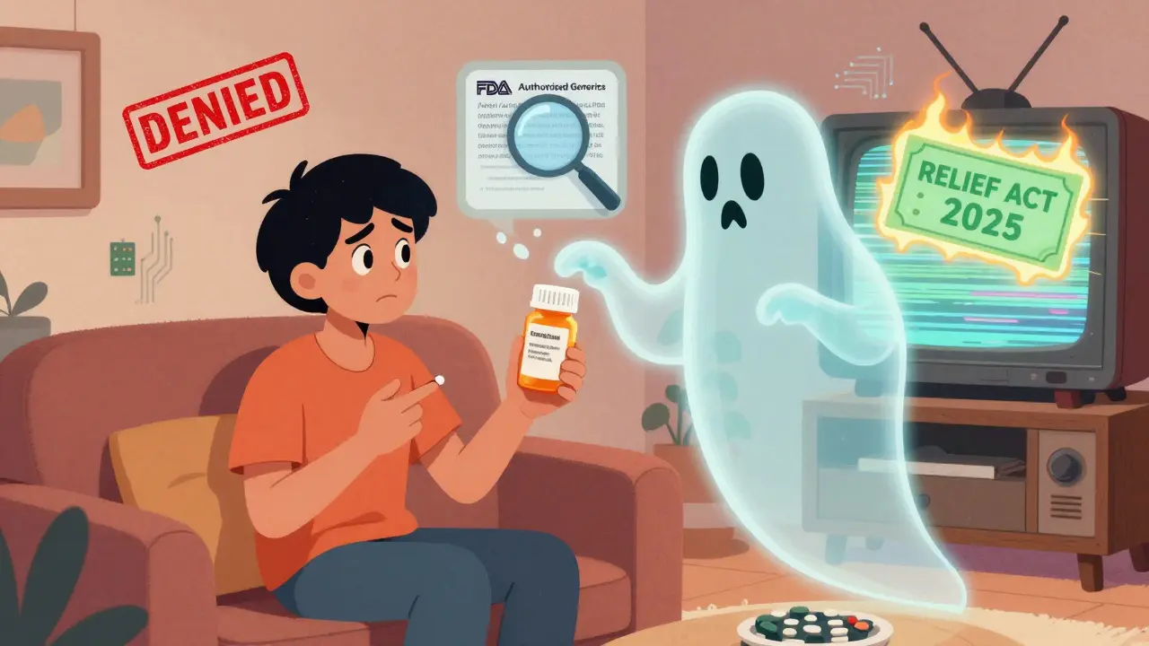 A confused patient surrounded by floating icons of insurance denial, FDA list, and a burning bill labeled RELIEF ACT 2025.