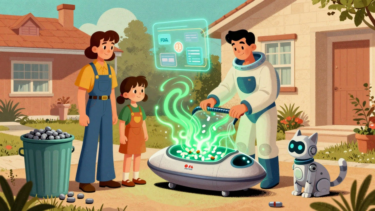 A family using a glowing deactivation pouch that turns pills into harmless pellets, with a robotic cat nearby.