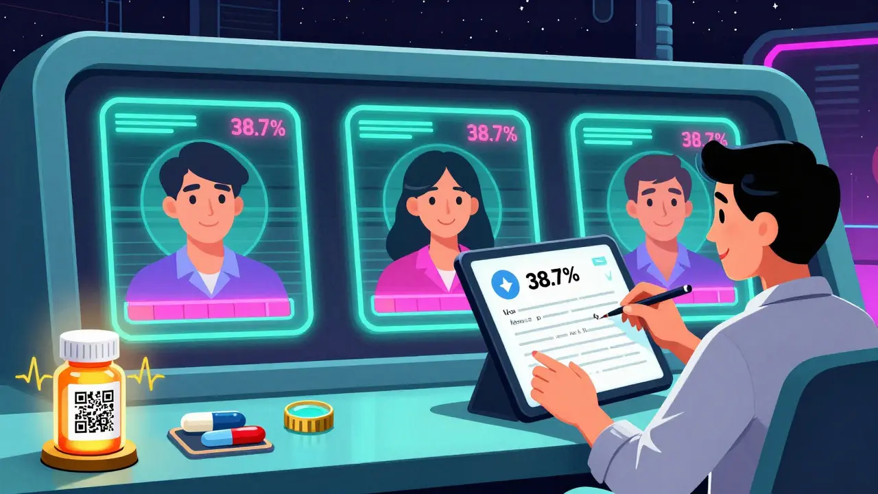 A futuristic dashboard tracking patient feedback and expired samples with neon colors and holographic icons.
