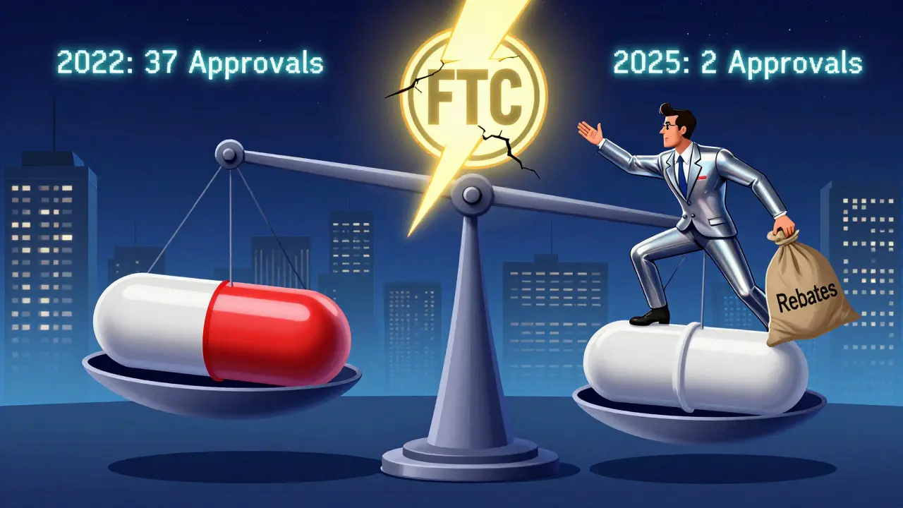 A futuristic scale balancing a branded pill against its authorized generic, with a corporate figure trying to tip it down.