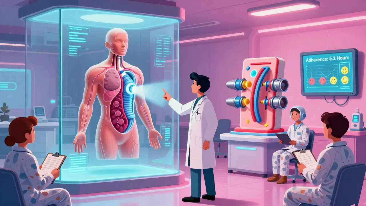 A futuristic sleep clinic with holographic airway models, a doctor explaining CPAP and BiPAP using glowing pressure beams and retro-tech interfaces.