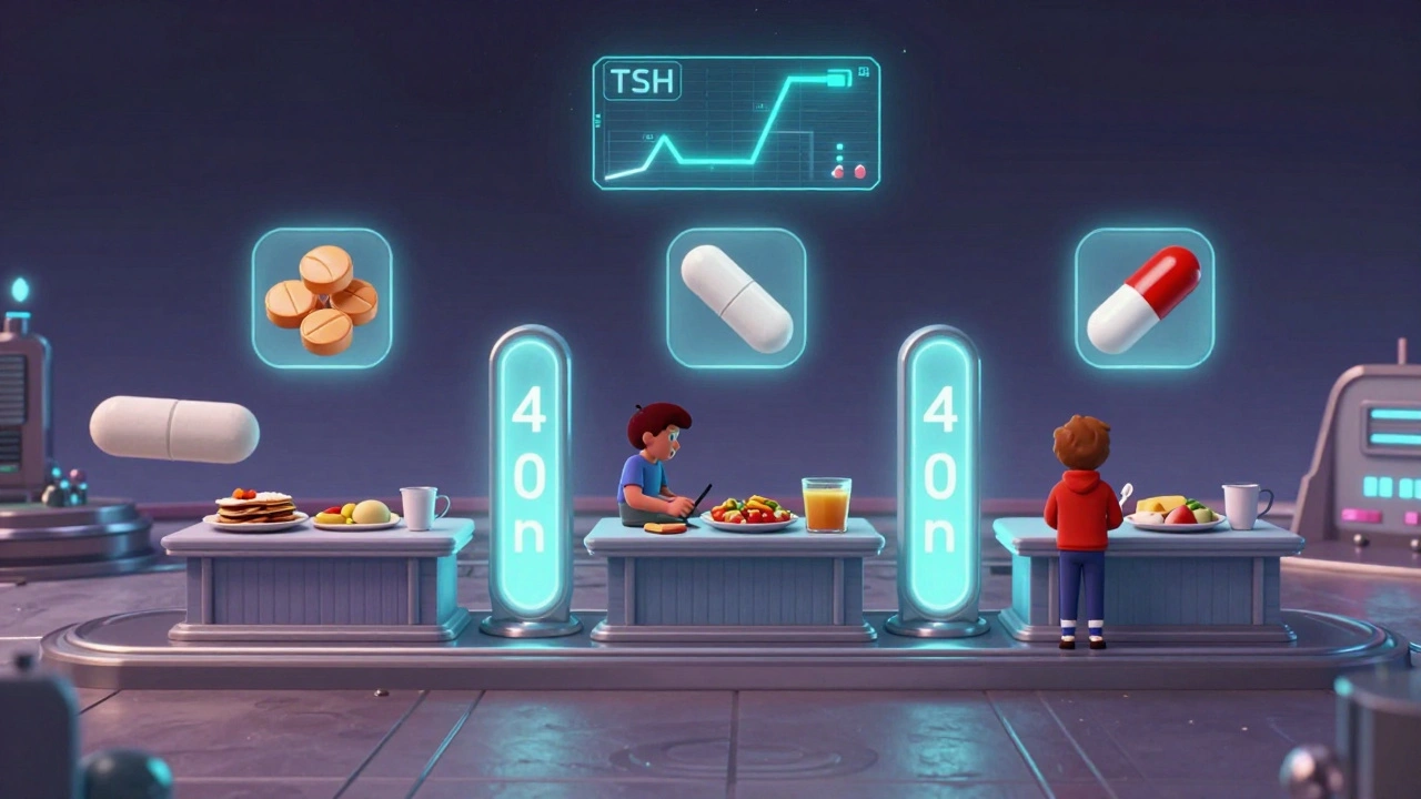 A futuristic timeline showing thyroid medication and supplements spaced 4 hours apart with glowing time gates.
