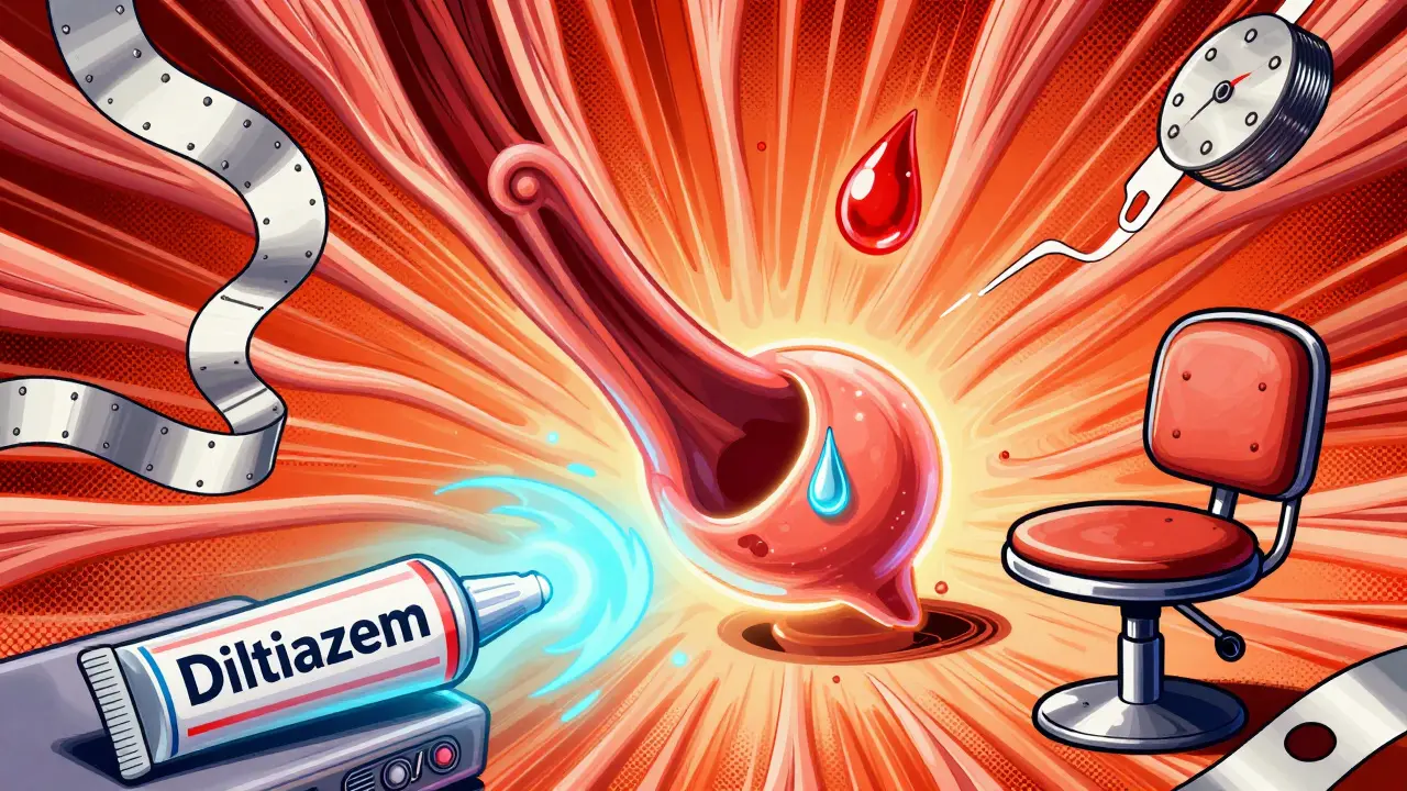 A glowing anal tear with relaxing muscle fibers and a futuristic diltiazem ointment tube emitting calming blue waves.