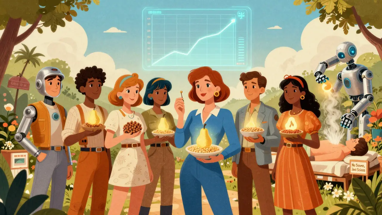 A group of people in retro-futuristic clothes holding healthy foods, with a holographic healing chart above them.