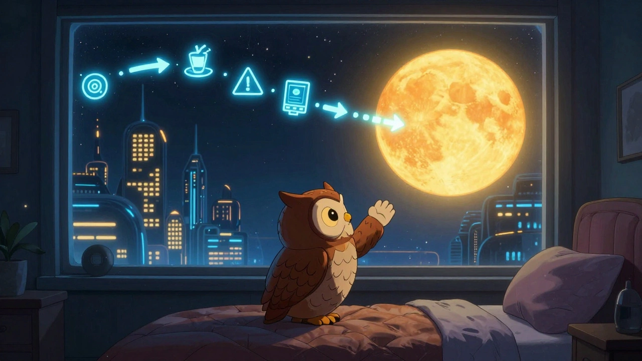 A night owl reaching for a sun through a window, guided by glowing sleep metrics in a retro-futuristic bedroom scene.