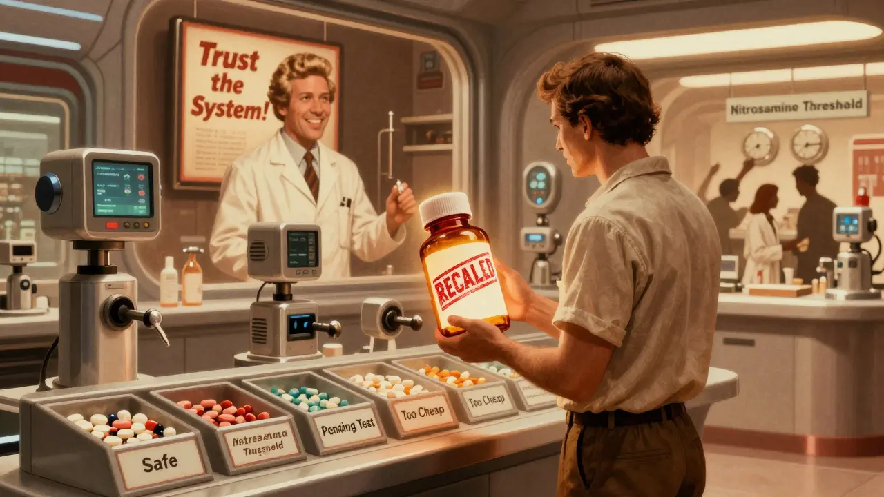 A patient in a futuristic pharmacy faces a recalled pill bottle while robotic pharmacists sort medicines by safety status.