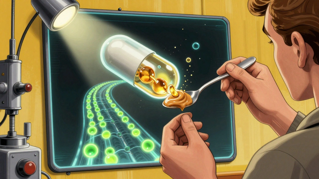 A patient takes a capsule with peanut butter, while nano-bubbles transport drug molecules through a glowing intestine.