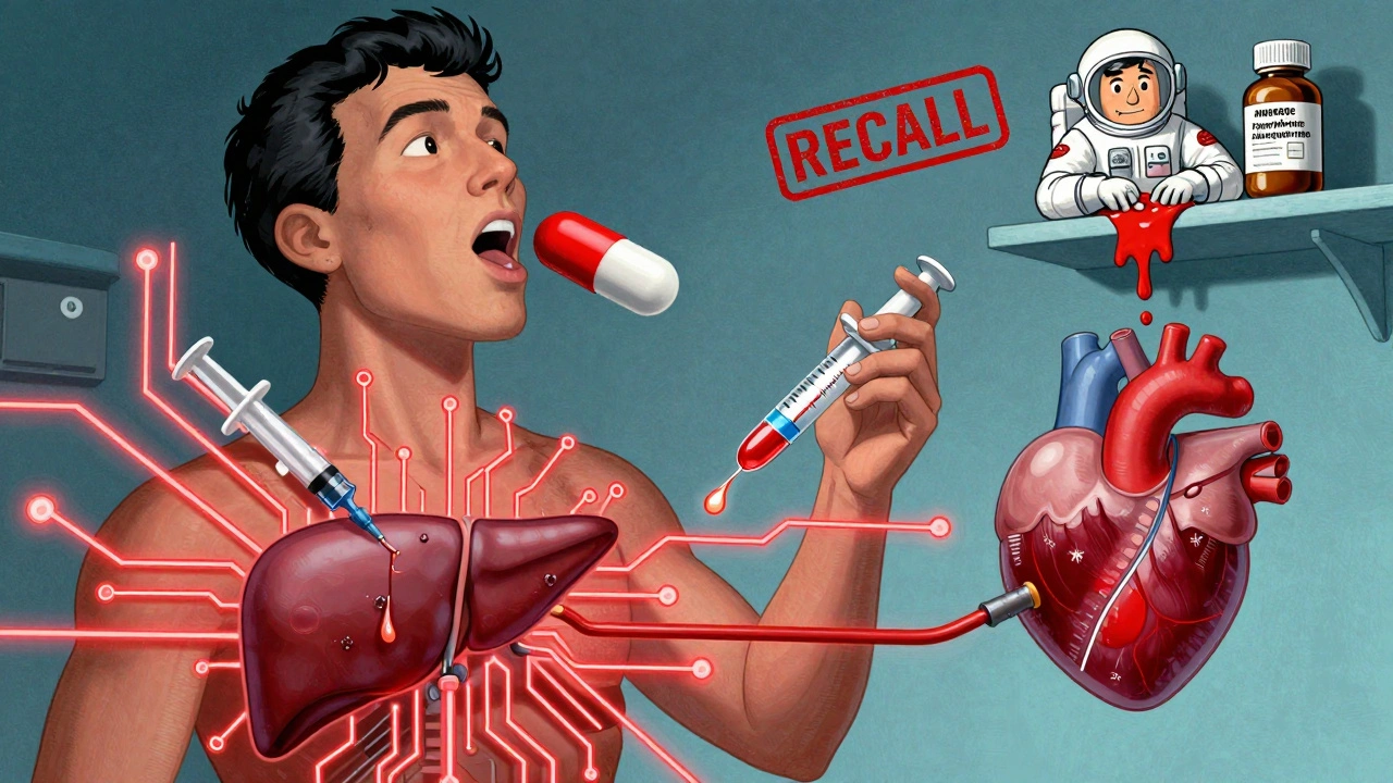 A person&#039;s body turning into a circuit board with rising blood pressure and liver overload from mixing cold meds.