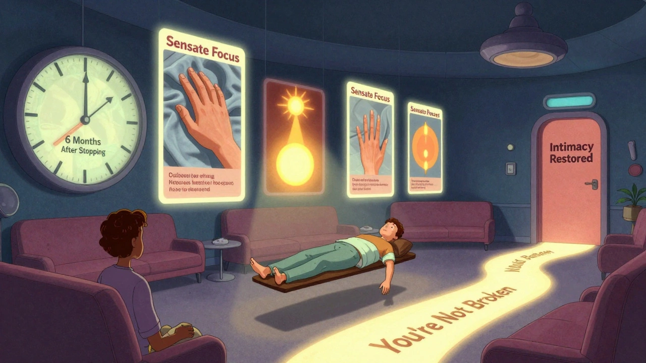 A person floats in zero gravity surrounded by touch-based therapy visuals, with a path labeled &#039;You&#039;re Not Broken&#039; leading to intimacy.