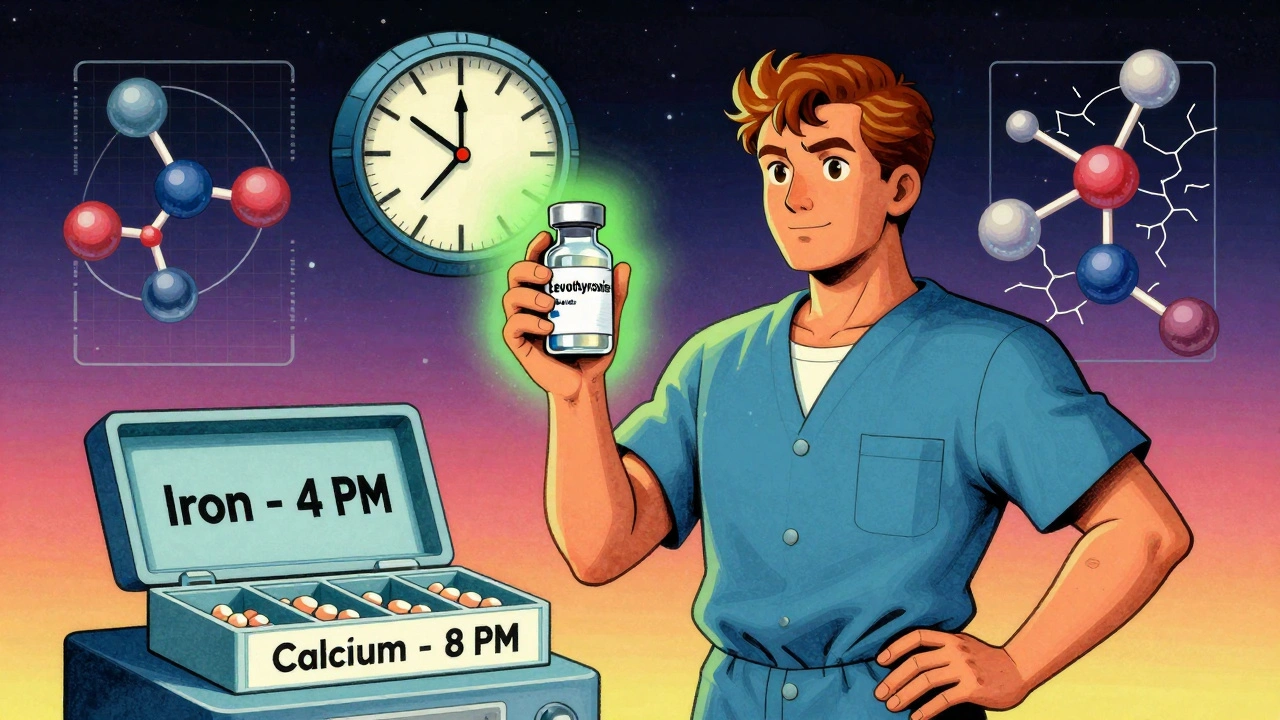 A person holding liquid thyroid medication beside a robotic pill organizer with labeled compartments.