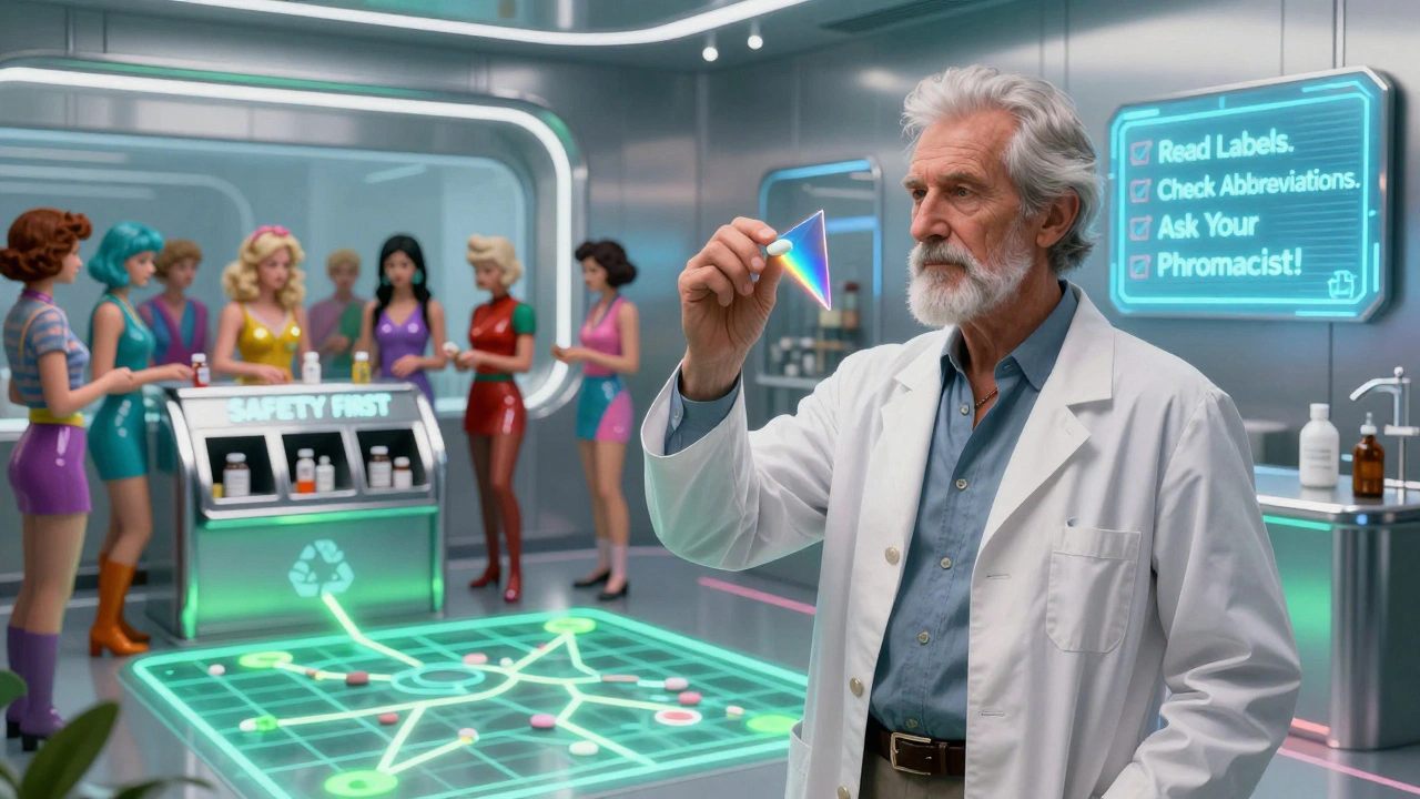 A pharmacist holds a single pill as people discard dangerous multi-symptom medicines into a safety recycling chute.