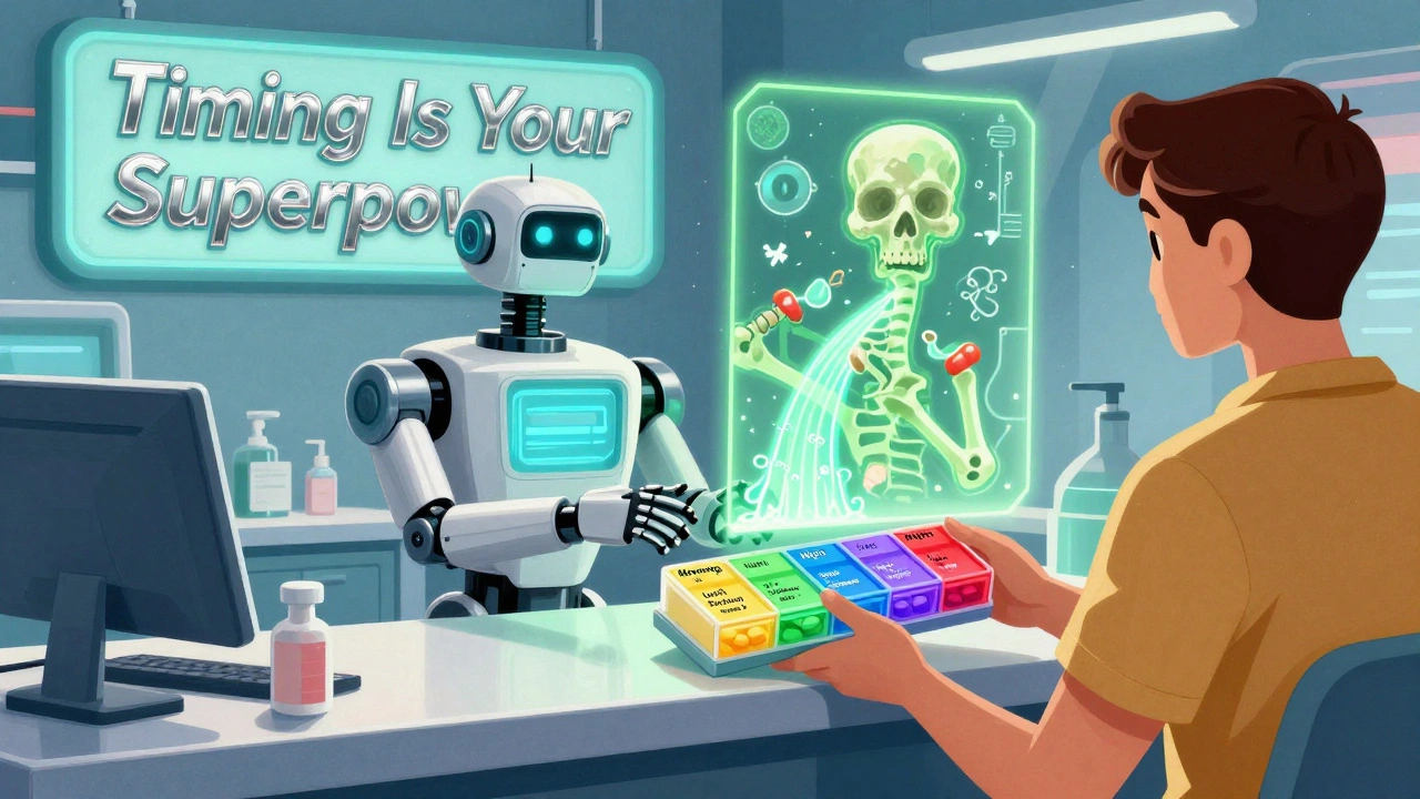 A robot pharmacist hands a color-coded pill organizer to a patient, with a glowing bone model and holographic timing instructions.