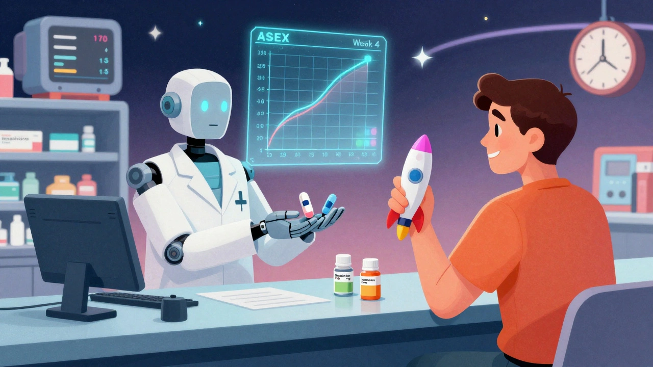 A robotic pharmacist hands two pills to a patient while holograms show improving sexual function graphs.
